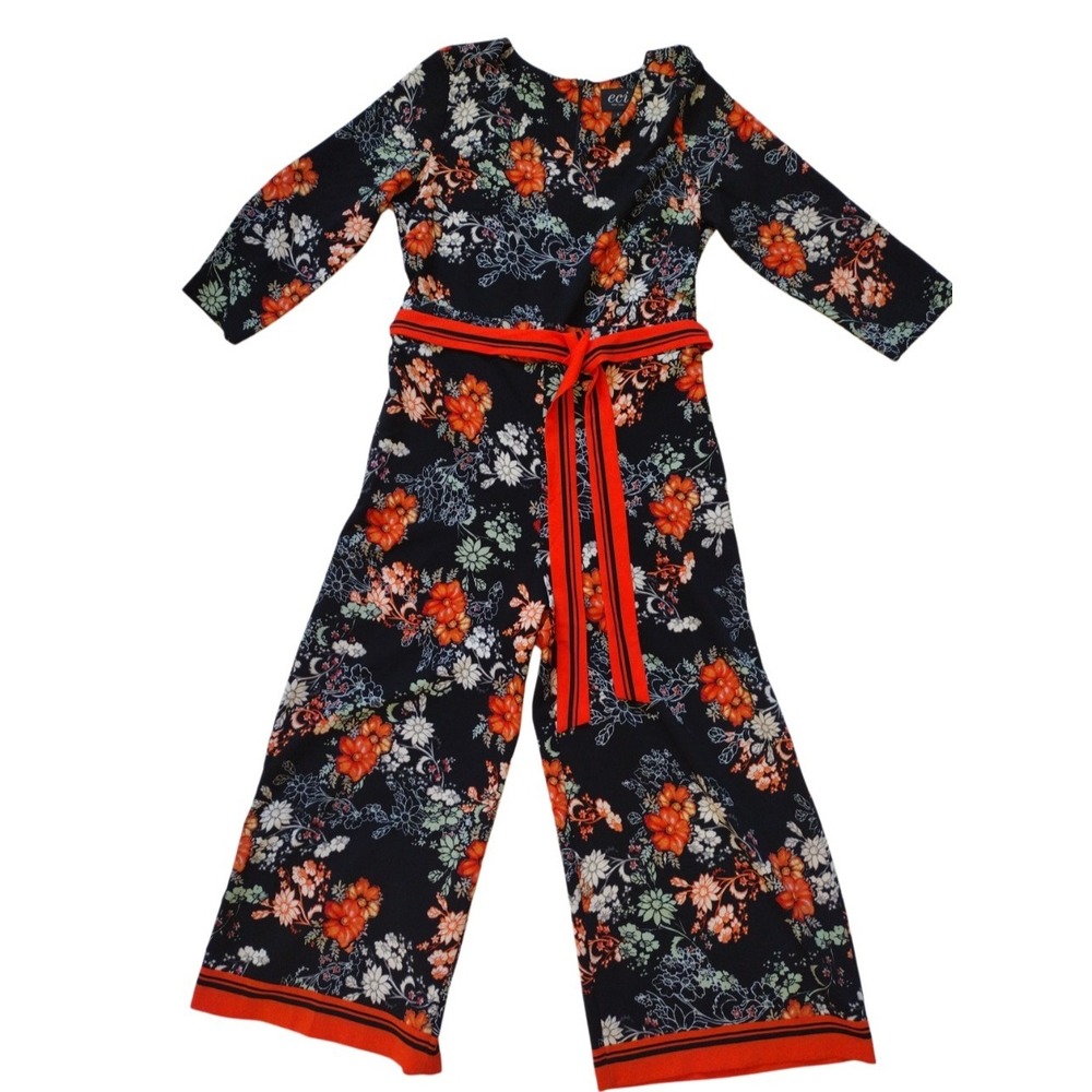ECI New York Jumpsuit Woman 8 Orange Black Floral Stretch Boho V Neck Pocket